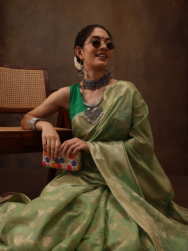 Green Cotton Woven Zari Design Floral Saree with Unstitched Blouse - Hiral Fashion | Grocsy