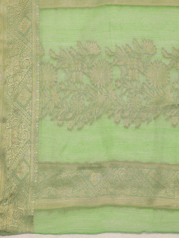 Green Cotton Woven Zari Design Floral Saree with Unstitched Blouse - Hiral Fashion | Grocsy