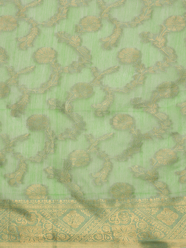 Green Cotton Woven Zari Design Floral Saree with Unstitched Blouse - Hiral Fashion | Grocsy