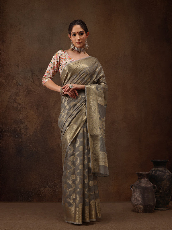 Gray Cotton Woven Zari Design Floral Saree with Unstitched Blouse - Hiral Fashion | Grocsy