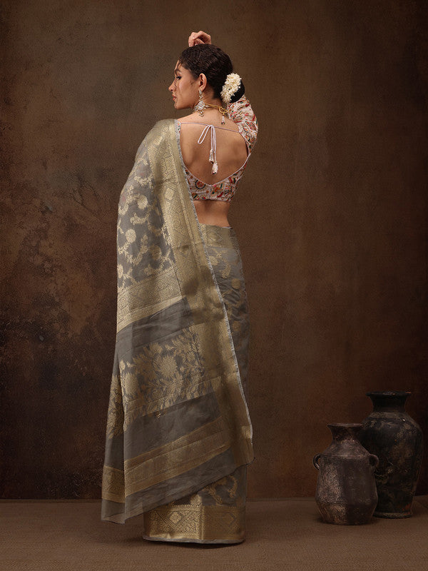 Gray Cotton Woven Zari Design Floral Saree with Unstitched Blouse - Hiral Fashion | Grocsy