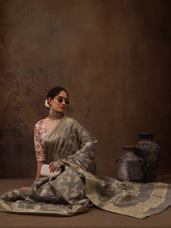 Gray Cotton Woven Zari Design Floral Saree with Unstitched Blouse - Hiral Fashion | Grocsy