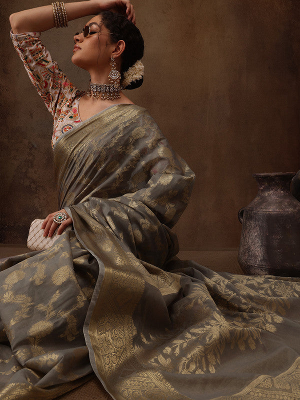 Gray Cotton Woven Zari Design Floral Saree with Unstitched Blouse - Hiral Fashion | Grocsy