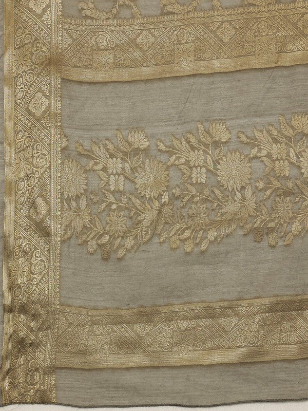 Gray Cotton Woven Zari Design Floral Saree with Unstitched Blouse - Hiral Fashion | Grocsy