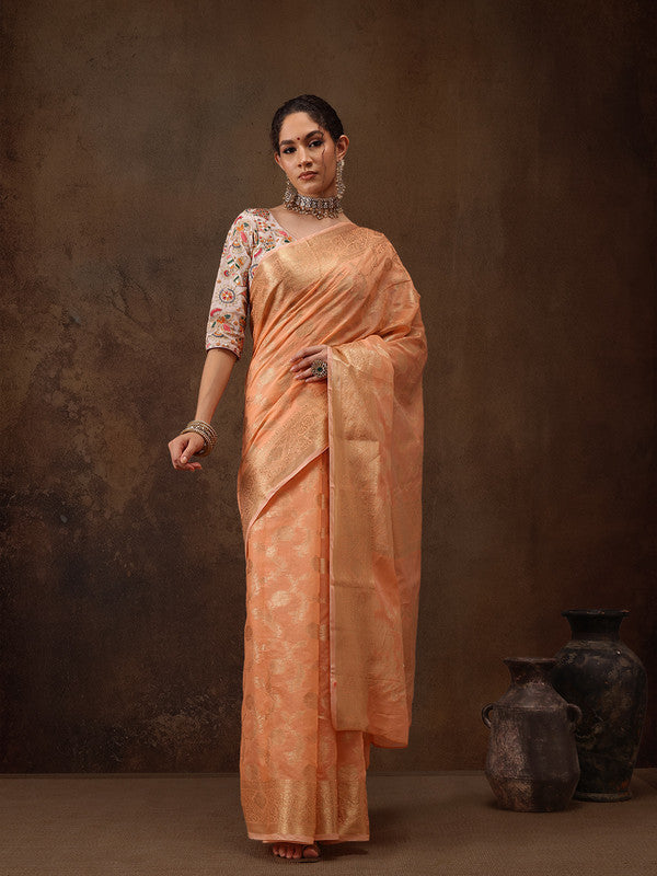 Peach Cotton Woven Zari Design Floral Saree with Unstitched Blouse - Hiral Fashion | Grocsy