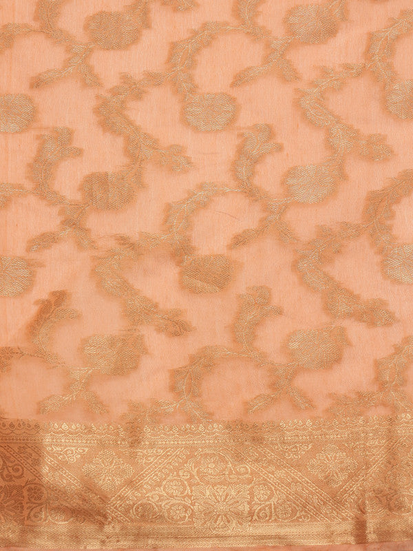 Peach Cotton Woven Zari Design Floral Saree with Unstitched Blouse - Hiral Fashion | Grocsy