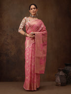 Pink Cotton Woven Zari Design Floral Saree with Unstitched Blouse - Hiral Fashion | Grocsy