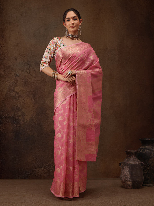 Pink Cotton Woven Zari Design Floral Saree with Unstitched Blouse - Hiral Fashion | Grocsy