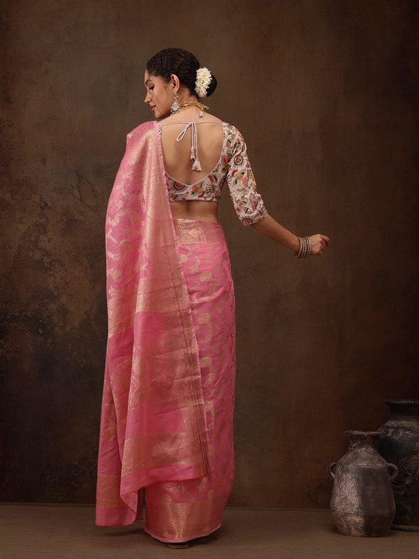 Pink Cotton Woven Zari Design Floral Saree with Unstitched Blouse - Hiral Fashion | Grocsy
