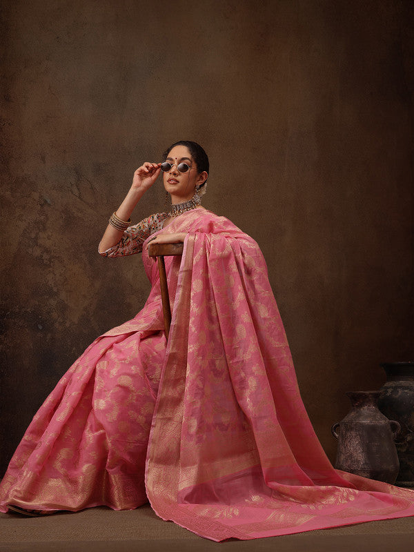 Pink Cotton Woven Zari Design Floral Saree with Unstitched Blouse - Hiral Fashion | Grocsy