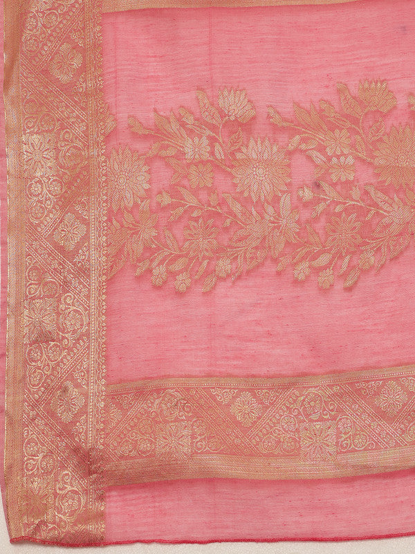 Pink Cotton Woven Zari Design Floral Saree with Unstitched Blouse - Hiral Fashion | Grocsy