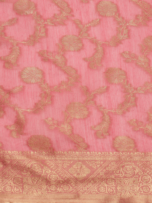 Pink Cotton Woven Zari Design Floral Saree with Unstitched Blouse - Hiral Fashion | Grocsy