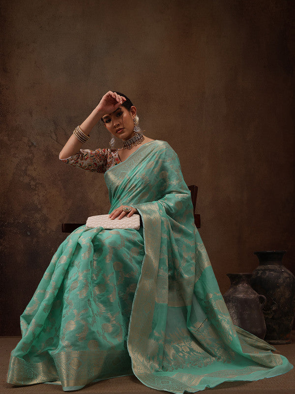 Turquoise Cotton Woven Zari Design Floral Saree with Unstitched Blouse - Hiral Fashion | Grocsy