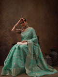 Turquoise Cotton Woven Zari Design Floral Saree with Unstitched Blouse - Hiral Fashion | Grocsy