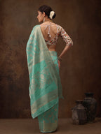 Turquoise Cotton Woven Zari Design Floral Saree with Unstitched Blouse - Hiral Fashion | Grocsy