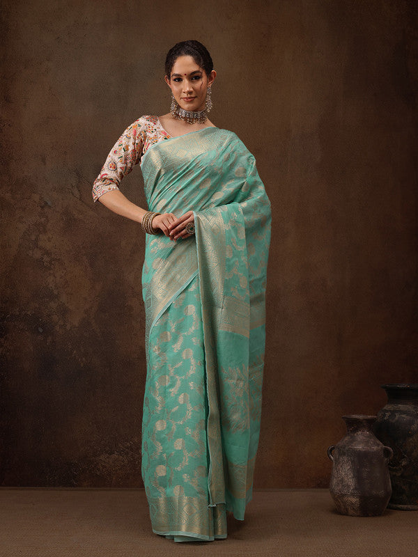 Turquoise Cotton Woven Zari Design Floral Saree with Unstitched Blouse - Hiral Fashion | Grocsy