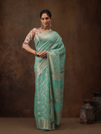 Turquoise Cotton Woven Zari Design Floral Saree with Unstitched Blouse - Hiral Fashion | Grocsy