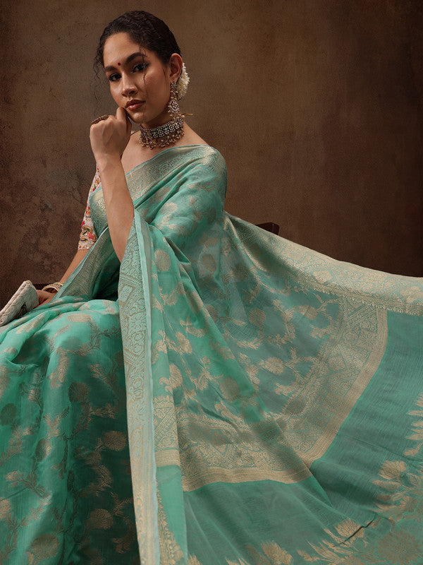 Turquoise Cotton Woven Zari Design Floral Saree with Unstitched Blouse - Hiral Fashion | Grocsy