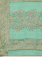 Turquoise Cotton Woven Zari Design Floral Saree with Unstitched Blouse - Hiral Fashion | Grocsy