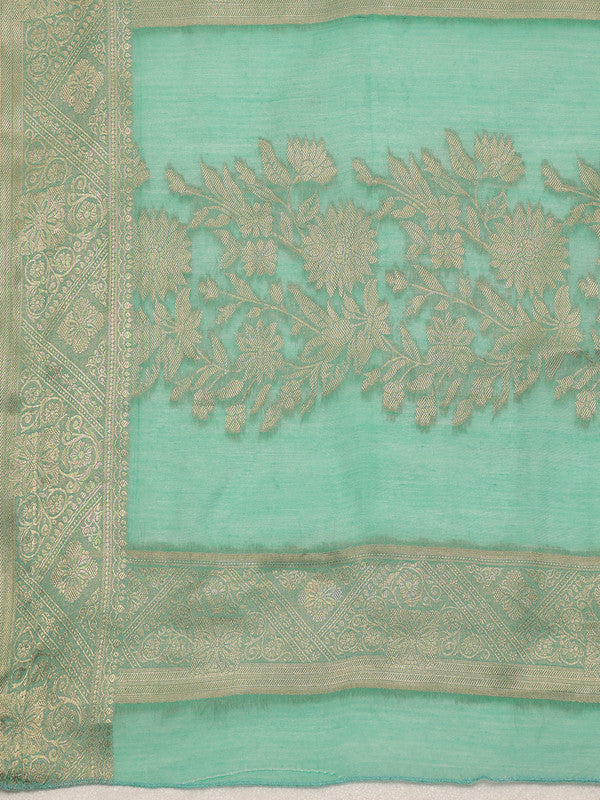 Turquoise Cotton Woven Zari Design Floral Saree with Unstitched Blouse - Hiral Fashion | Grocsy