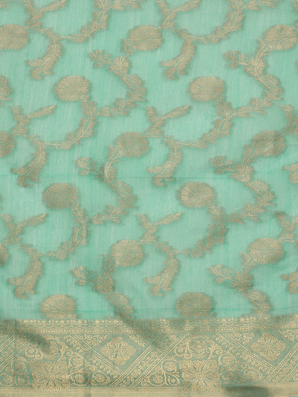 Turquoise Cotton Woven Zari Design Floral Saree with Unstitched Blouse - Hiral Fashion | Grocsy