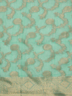 Turquoise Cotton Woven Zari Design Floral Saree with Unstitched Blouse - Hiral Fashion | Grocsy