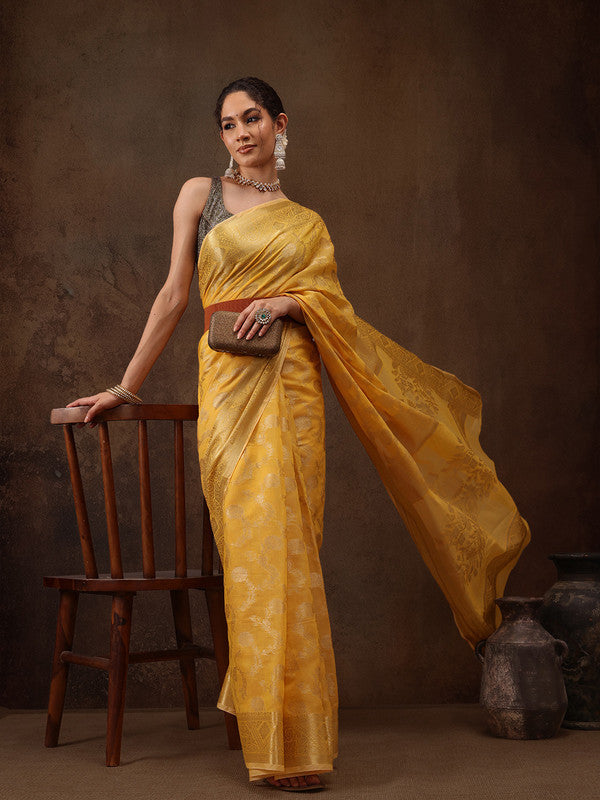 Yellow Cotton Woven Zari Design Floral Saree with Unstitched Blouse - Hiral Fashion | Grocsy
