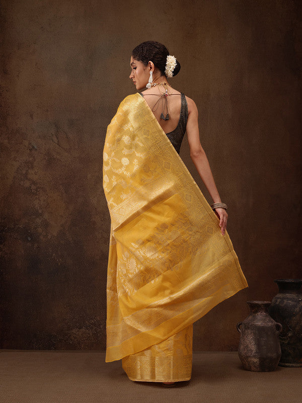 Yellow Cotton Woven Zari Design Floral Saree with Unstitched Blouse - Hiral Fashion | Grocsy