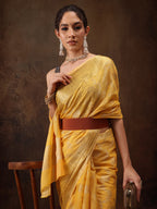 Yellow Cotton Woven Zari Design Floral Saree with Unstitched Blouse - Hiral Fashion | Grocsy