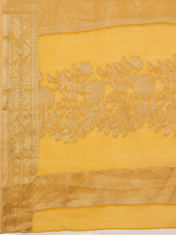 Yellow Cotton Woven Zari Design Floral Saree with Unstitched Blouse - Hiral Fashion | Grocsy