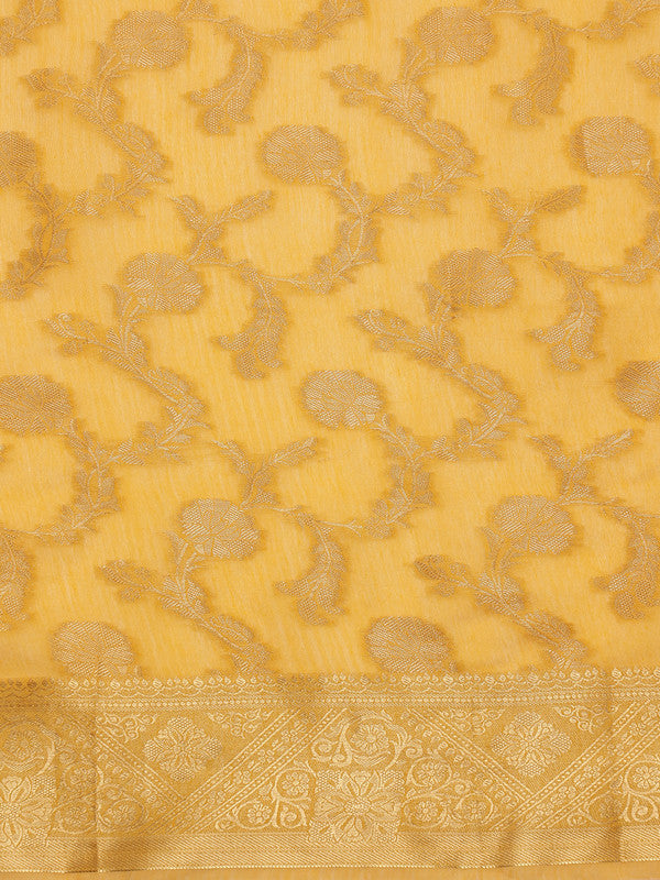 Yellow Cotton Woven Zari Design Floral Saree with Unstitched Blouse - Hiral Fashion | Grocsy