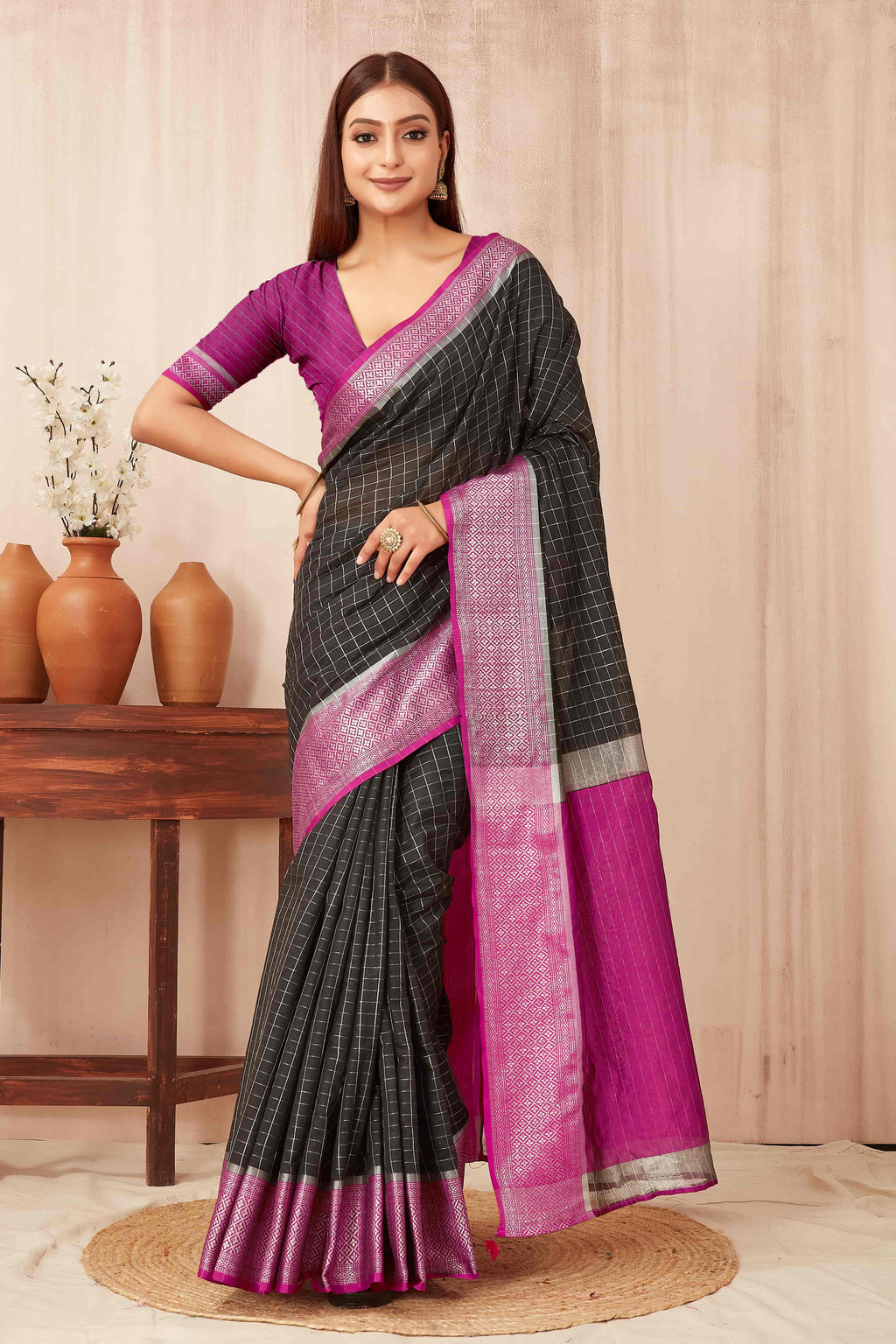 Hiral Fashion Black Banarasi Soft Silk Checks Zari Woven Saree | Grocsy