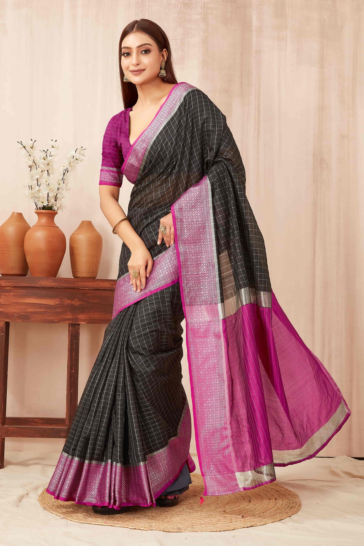 Hiral Fashion Black Banarasi Soft Silk Checks Zari Woven Saree | Grocsy