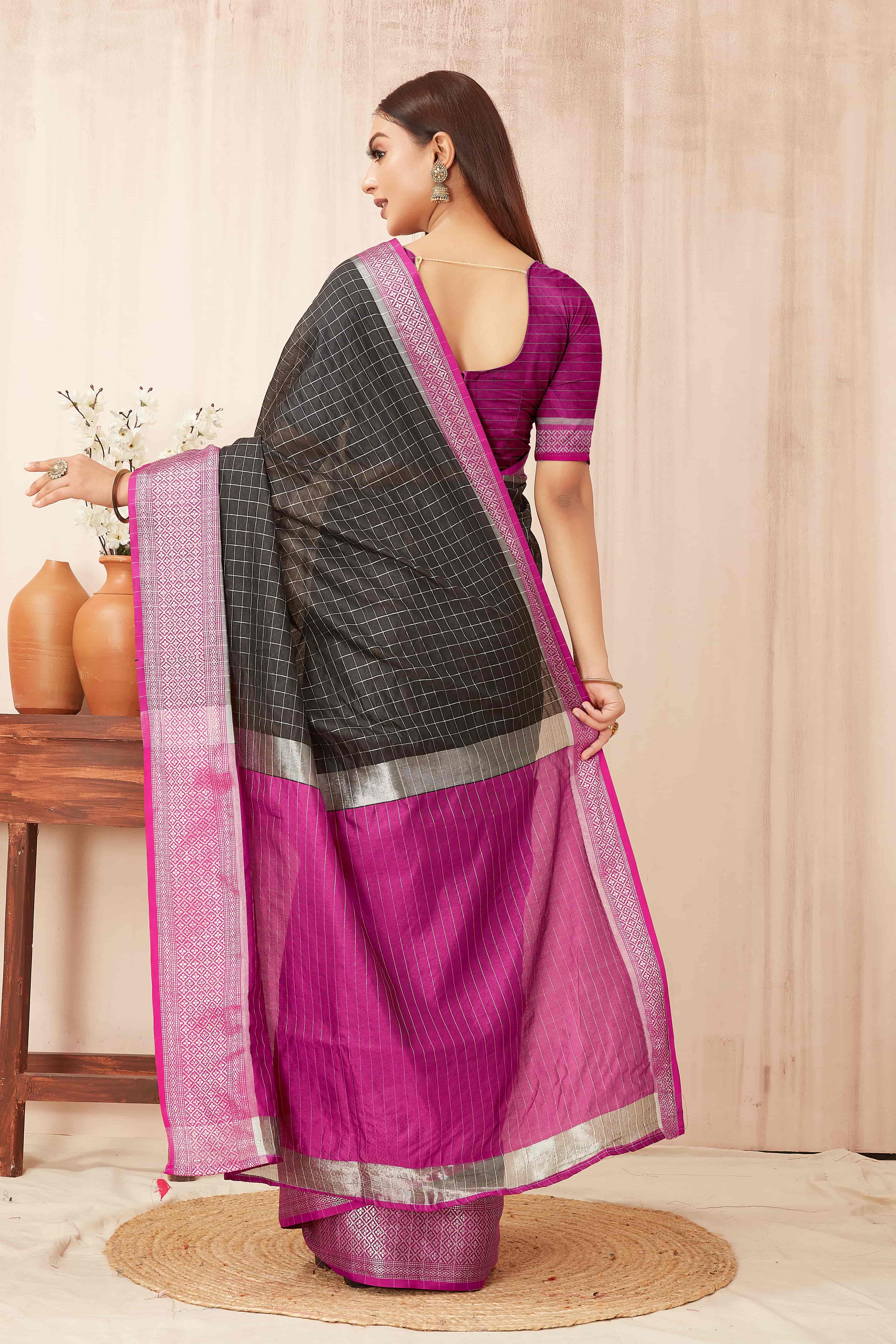 Hiral Fashion Black Banarasi Soft Silk Checks Zari Woven Saree | Grocsy