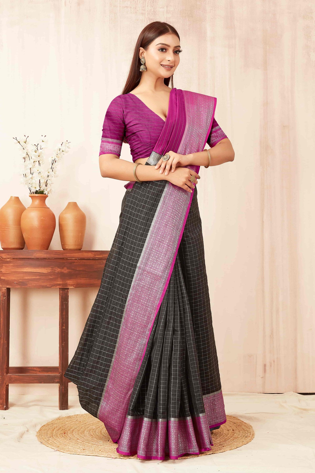 Hiral Fashion Black Banarasi Soft Silk Checks Zari Woven Saree | Grocsy