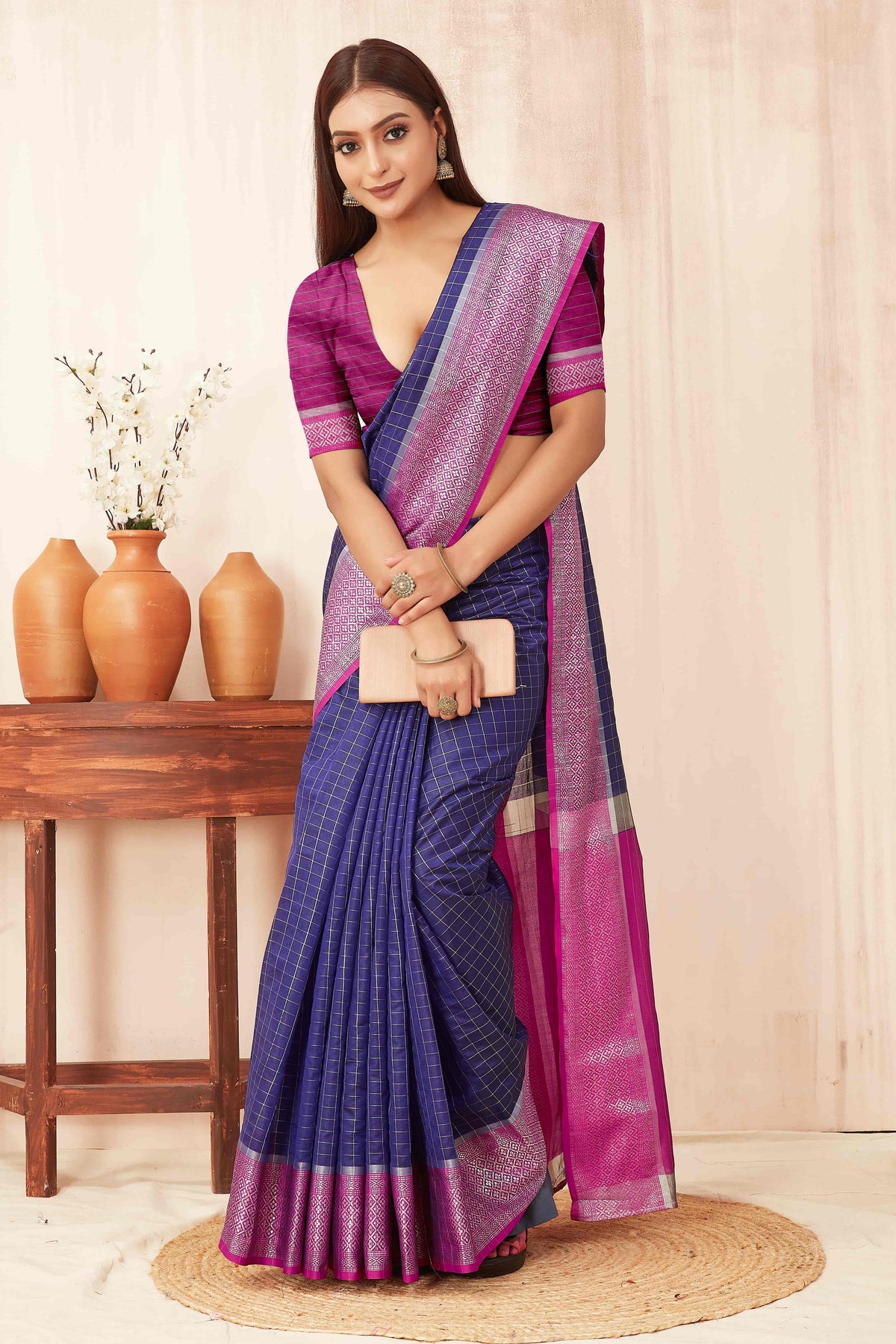 Hiral Fashion Blue Banarasi Soft Silk Checks Zari Woven Saree | Grocsy