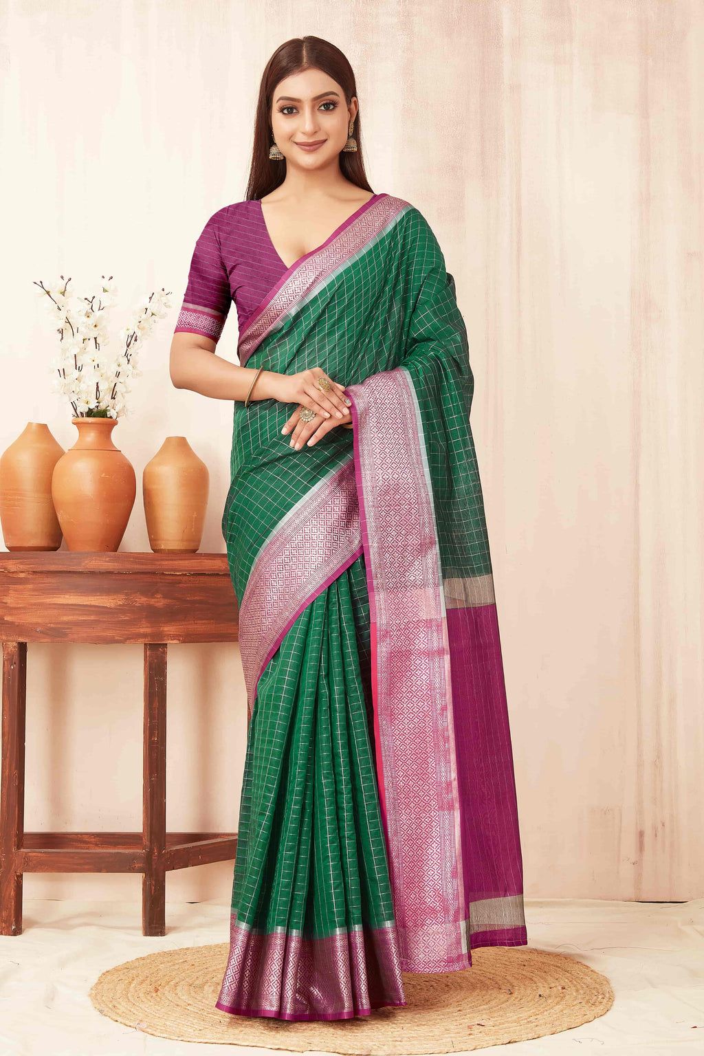 Hiral Fashion Green Banarasi Soft Silk Checks Zari Woven Saree | Grocsy