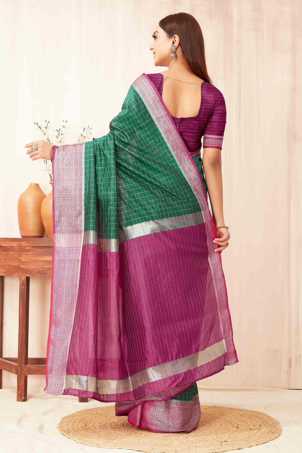 Hiral Fashion Green Banarasi Soft Silk Checks Zari Woven Saree | Grocsy