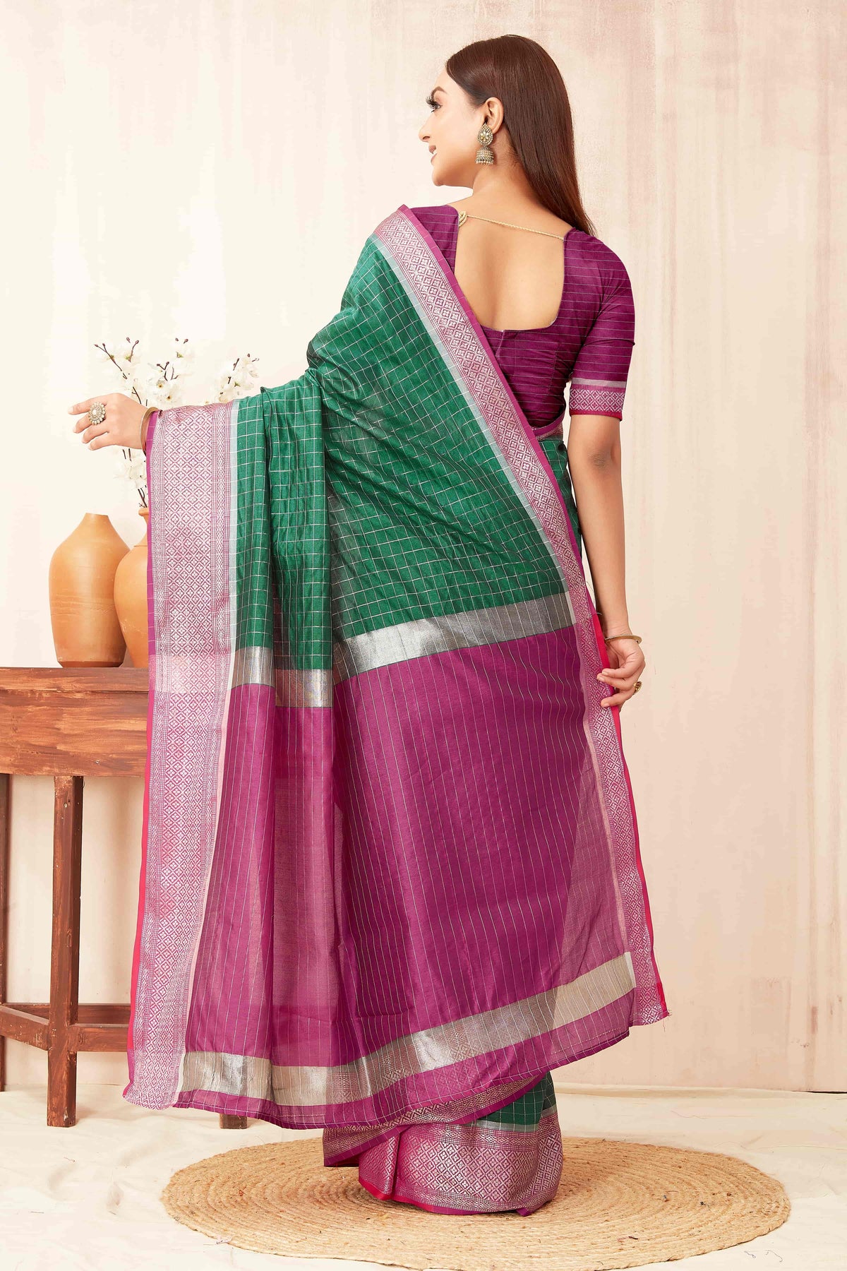 Hiral Fashion Green Banarasi Soft Silk Checks Zari Woven Saree | Grocsy