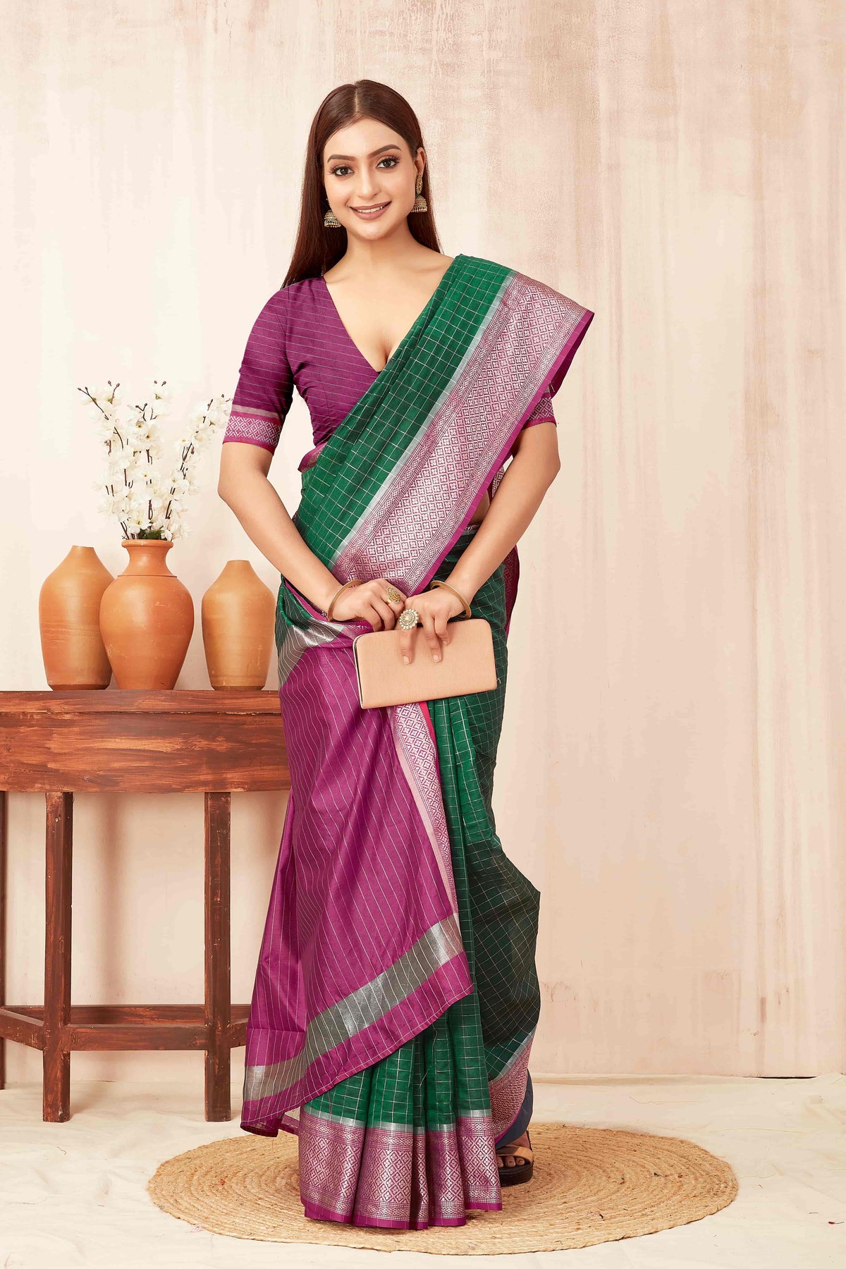 Hiral Fashion Green Banarasi Soft Silk Checks Zari Woven Saree | Grocsy