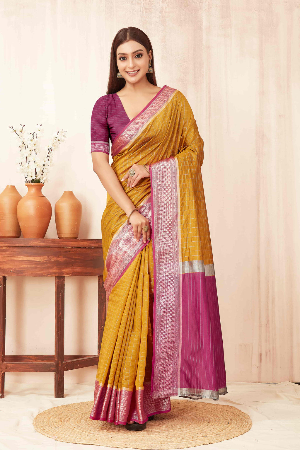 Hiral Fashion Mustard Banarasi Soft Silk Checks Zari Woven Saree | Grocsy
