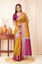 Hiral Fashion Mustard Banarasi Soft Silk Checks Zari Woven Saree | Grocsy