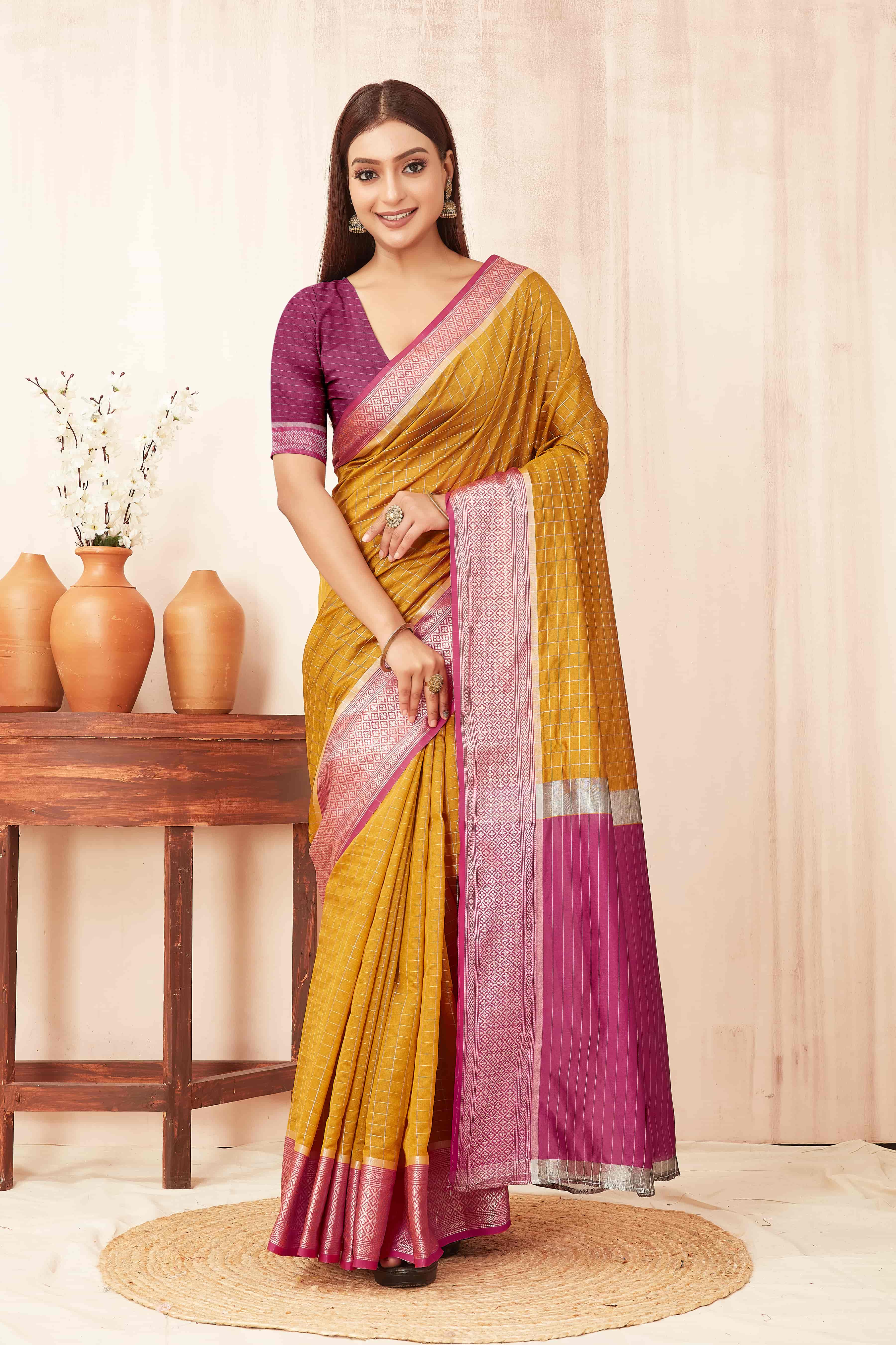 Hiral Fashion Mustard Banarasi Soft Silk Checks Zari Woven Saree | Grocsy