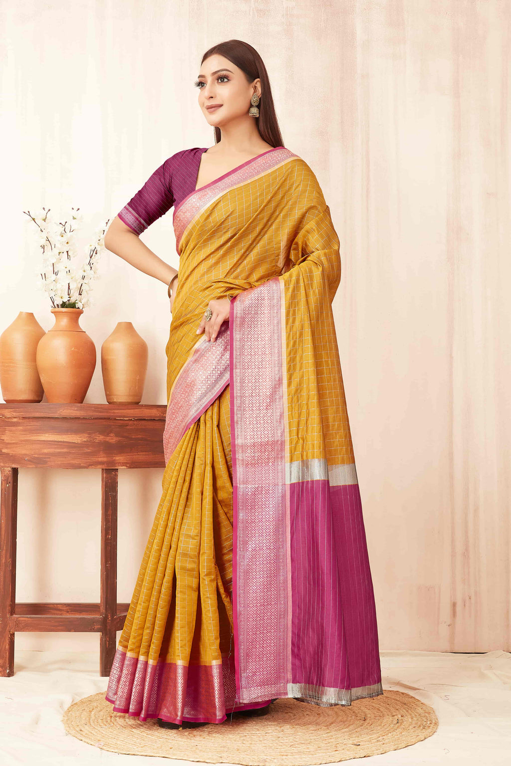 Hiral Fashion Mustard Banarasi Soft Silk Checks Zari Woven Saree | Grocsy