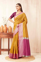 Hiral Fashion Mustard Banarasi Soft Silk Checks Zari Woven Saree | Grocsy