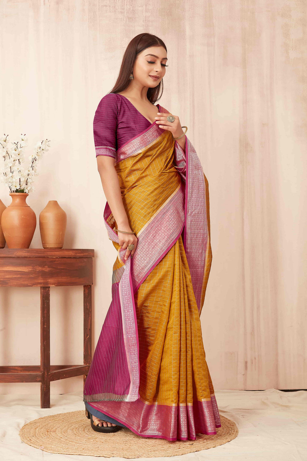 Hiral Fashion Mustard Banarasi Soft Silk Checks Zari Woven Saree | Grocsy