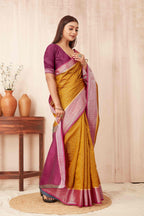 Hiral Fashion Mustard Banarasi Soft Silk Checks Zari Woven Saree | Grocsy