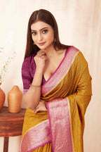 Hiral Fashion Mustard Banarasi Soft Silk Checks Zari Woven Saree | Grocsy