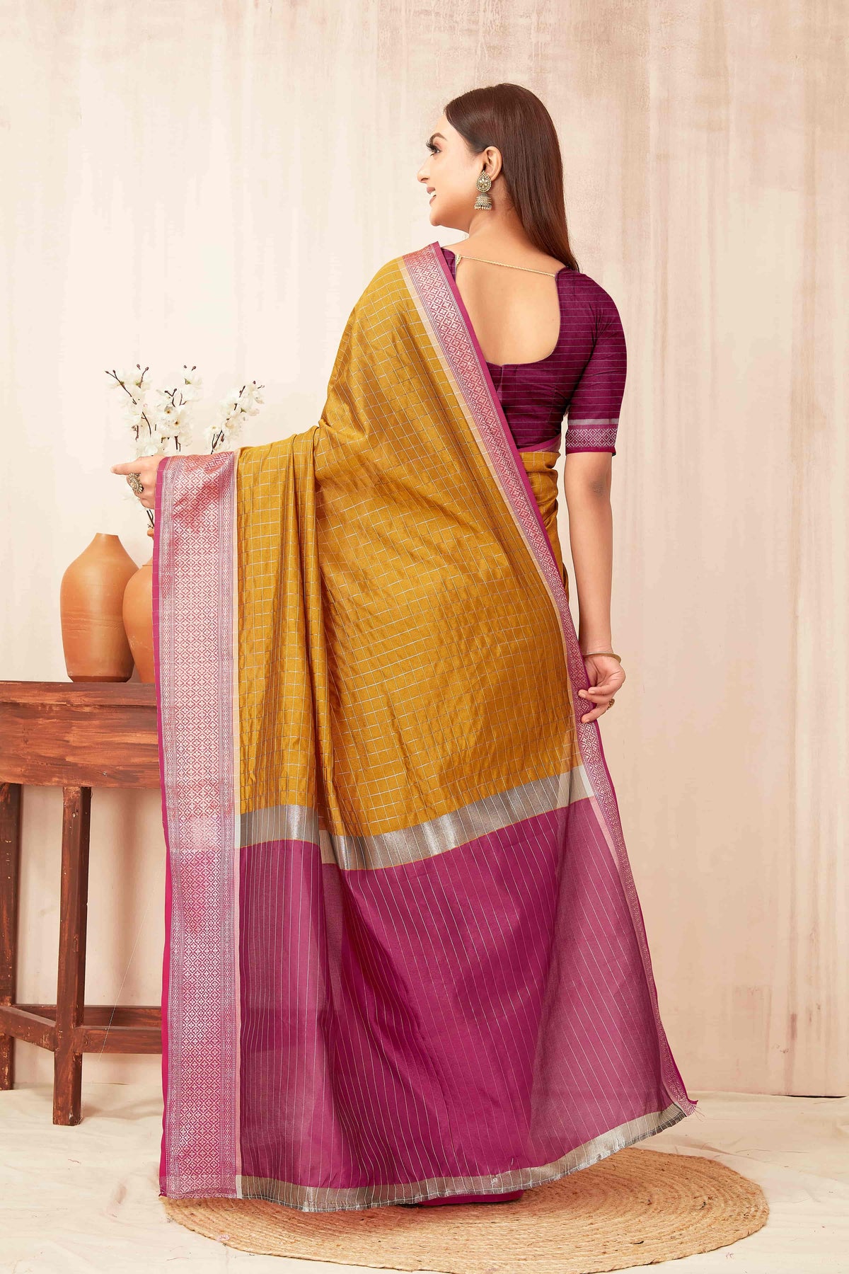 Hiral Fashion Mustard Banarasi Soft Silk Checks Zari Woven Saree | Grocsy