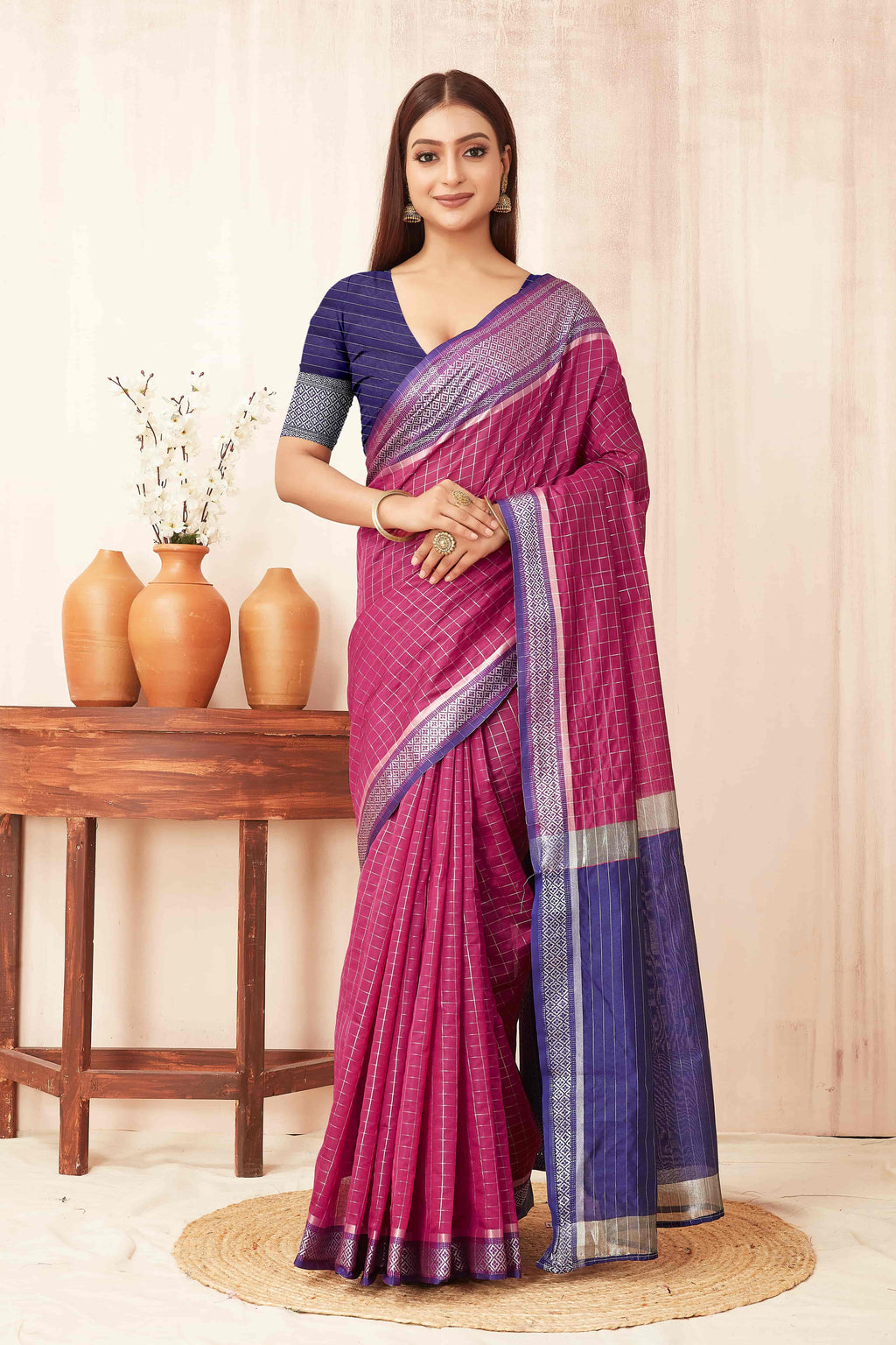 Hiral Fashion Pink Banarasi Soft Silk Checks Zari Woven Saree | Grocsy